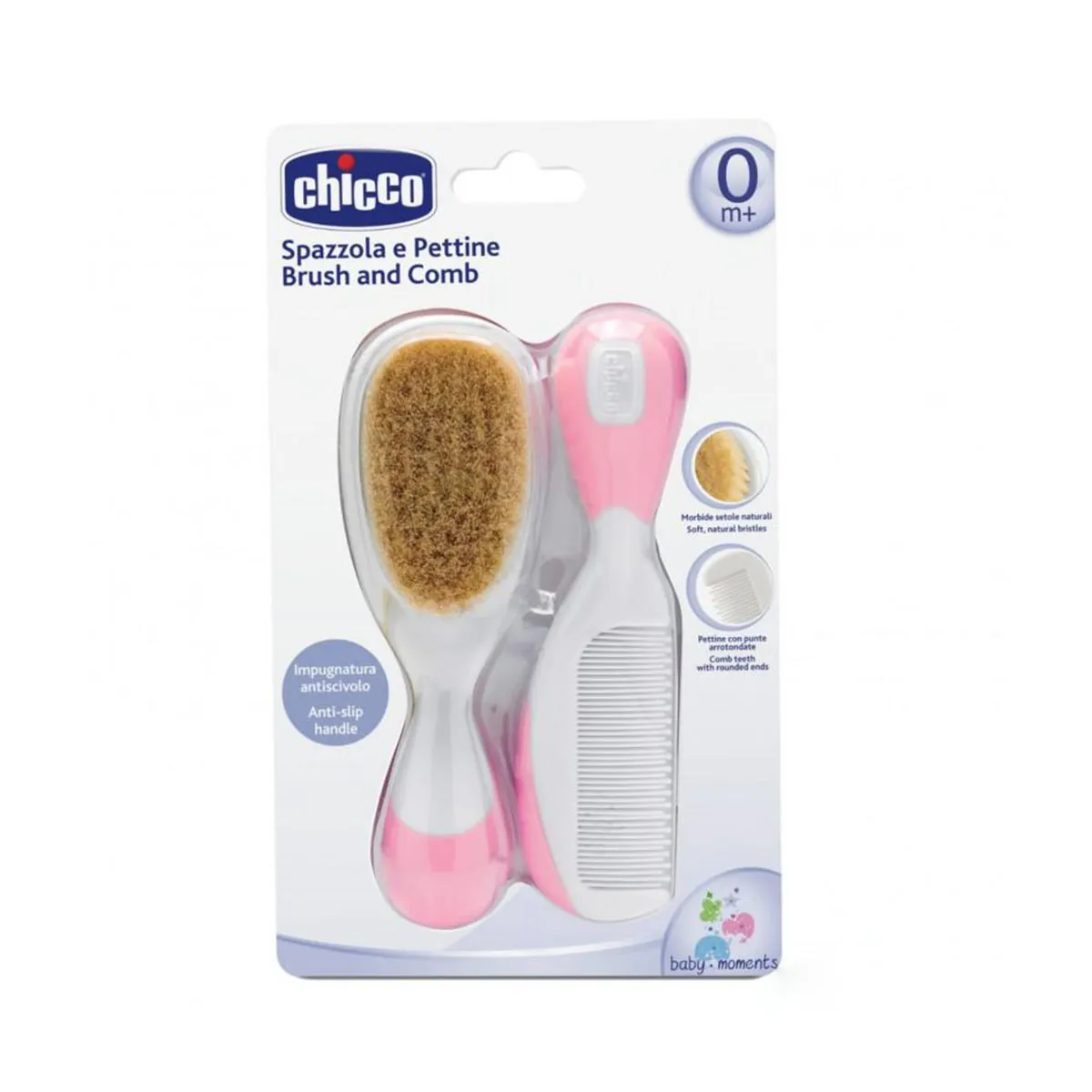 Chicco set češalj i četka od prirodne dlake roze