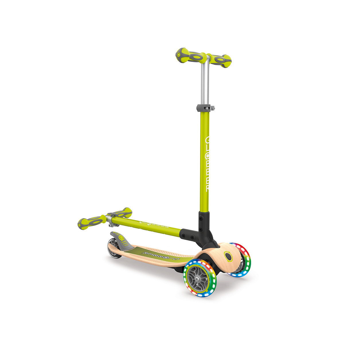 Globber Primo drveni trotinetsa sklapanjem i svetlima