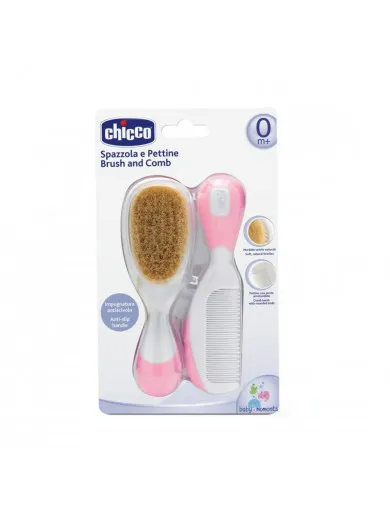 Chicco set češalj i četka od prirodne dlake roze